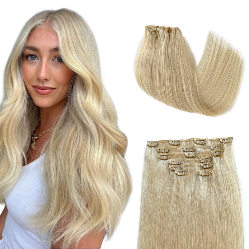 Licoville Blonde Clip in Hair Extensions Human Hair 15 Inch #60 Platinum Blond Real Human Hair Extensions Clips ins Thick Ends Soft Blonde Remy Hair Pieces for Thicker Look - Image 1